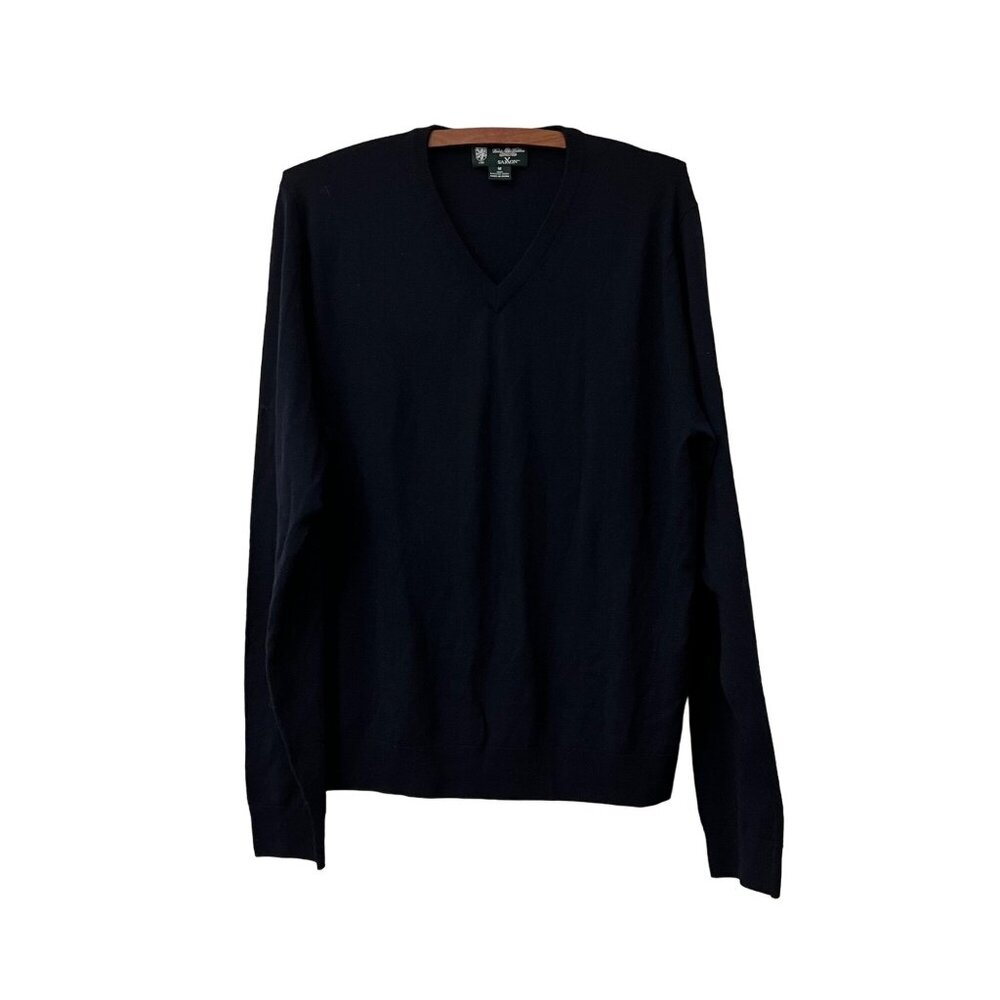 Brooks Brothers Mens Black Saxxon Wool Vneck Long Sleeve Sweater Size M